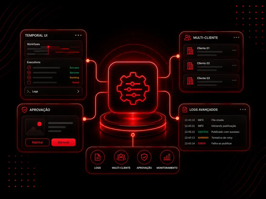 Recursos avançados: Temporal UI, logs, multi-cliente e fluxo de aprovação