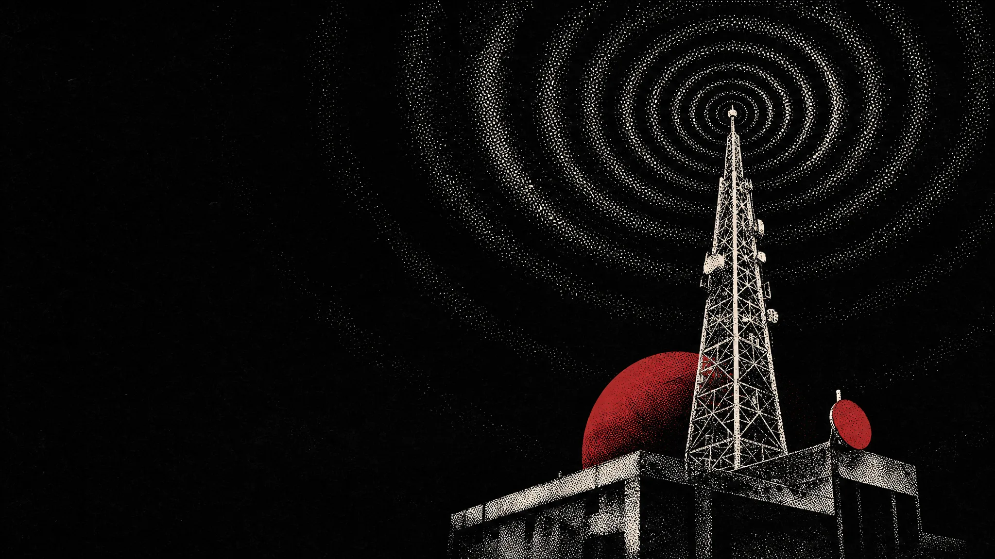 Torre de transmissão emitindo ondas de sinal, em meio-tom pontilhado
